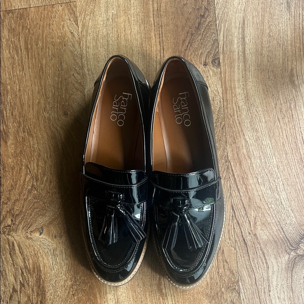 Franco Sarto Glossy Black Loafers with Tassels. Like New